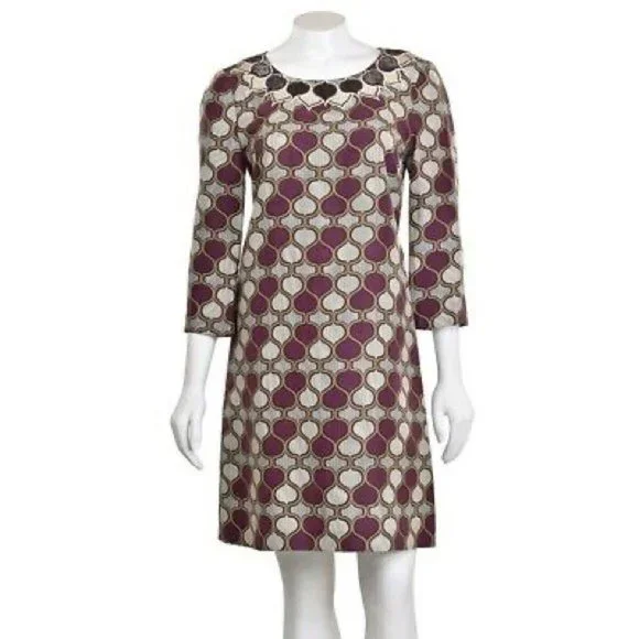 tory burch jewel embroidered shift dress Tory Burch Moroccan Print Beaded 100% Silk Jewel Neck 3/4 Sleeve Shift Dress